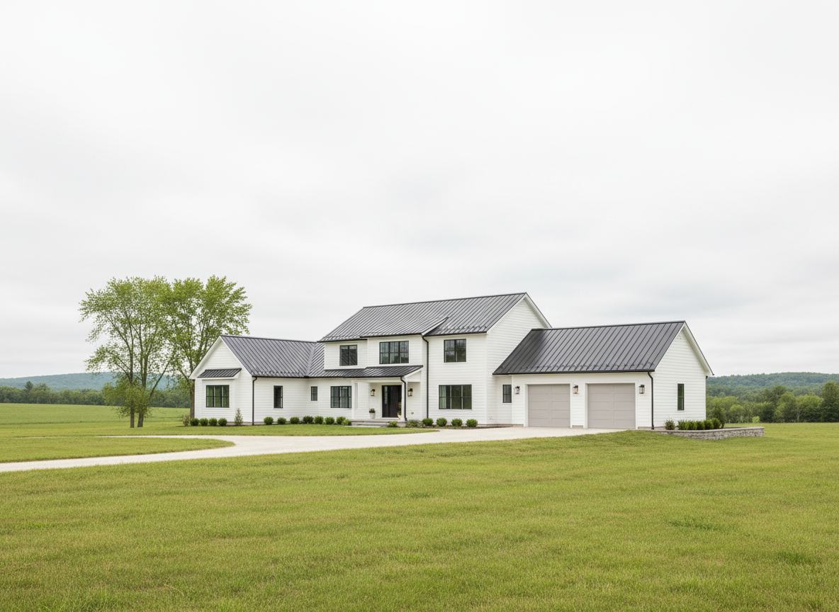 A spacious, modern country home exterior with clean white siding, a charcoal metal roof, and large, squared black-framed windows, set on a gently rolling green pasture. A neat gravel driveway leads to an attached two-car garage with smooth, paneled doors in a soft dove gray. The lighting is bright but diffused, like an overcast afternoon, creating even illumination with subtle, soft shadows along the façade. The mood is professional and aspirational, highlighting the property’s structure and curb appeal. Captured at eye level with a slightly wide angle, the composition uses clean lines and a balanced layout, with sharp focus throughout. The photographic realism emphasizes a corporate, brochure-ready aesthetic, suitable for a real estate platform specializing in country properties.