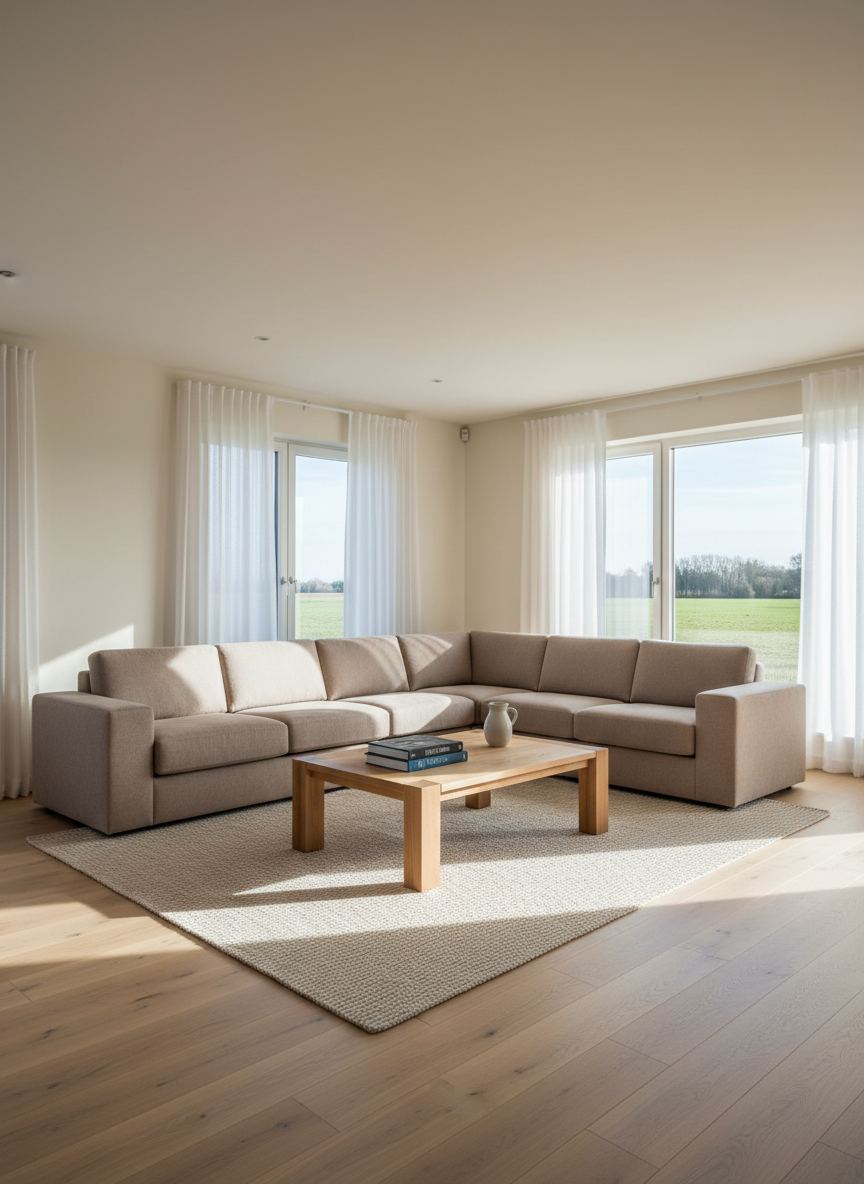 A meticulously staged country living room featuring a large taupe sectional sofa with crisp lines, a low-profile rectangular oak coffee table, and floor-to-ceiling windows overlooking open fields. The walls are painted a warm off-white, and a neutral woven rug defines the seating area on the light oak plank flooring. Soft late-morning natural light filters through sheer white curtains, casting gentle, linear shadows across the floor and table surface. The atmosphere is calm, orderly, and inviting, with no clutter or personal items. Shot from a slightly elevated corner angle using the rule of thirds, the composition highlights spaciousness and functional layout. Photographic realism and a clean, modern aesthetic underscore the professional, corporate tone suitable for a country home listings and guidance platform.