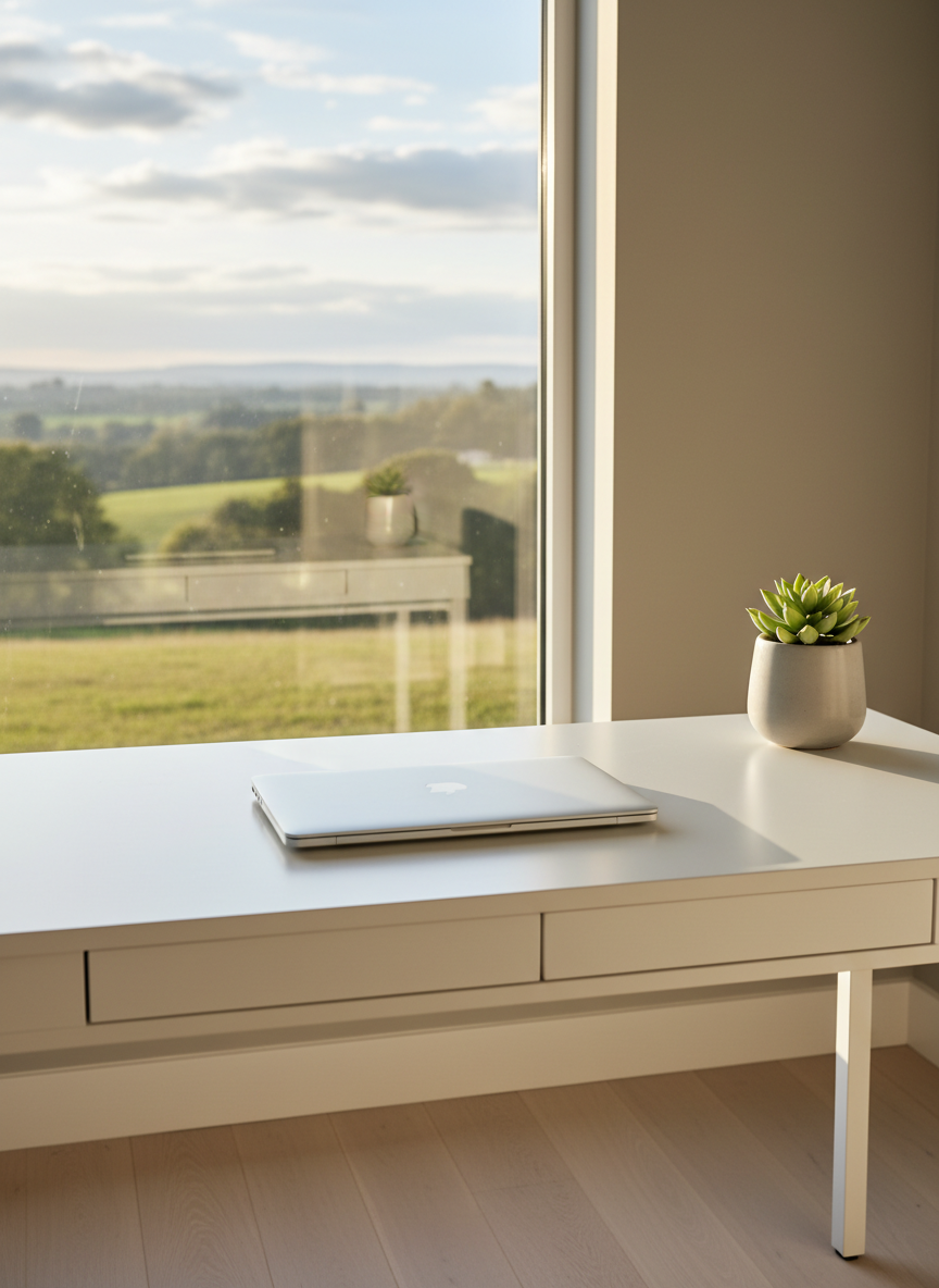 A bright, organized home office corner in a country property, featuring a minimalist white desk with a smooth matte surface, a slim silver laptop closed at the center, and a single ceramic planter with a small green plant. The desk sits in front of a large window framing distant tree-lined fields and a faint outline of hills. Soft afternoon natural light streams in, creating discreet highlights on the laptop edge and subtle shadows under the desk. The walls are a neutral warm gray, and the floor is a pale engineered wood with a precise grain. The mood is focused and professional, suggesting remote work potential in a country home. Captured at eye level with a shallow depth of field, the foreground in crisp focus and the landscape softly blurred, in a clean, photographic, corporate style.