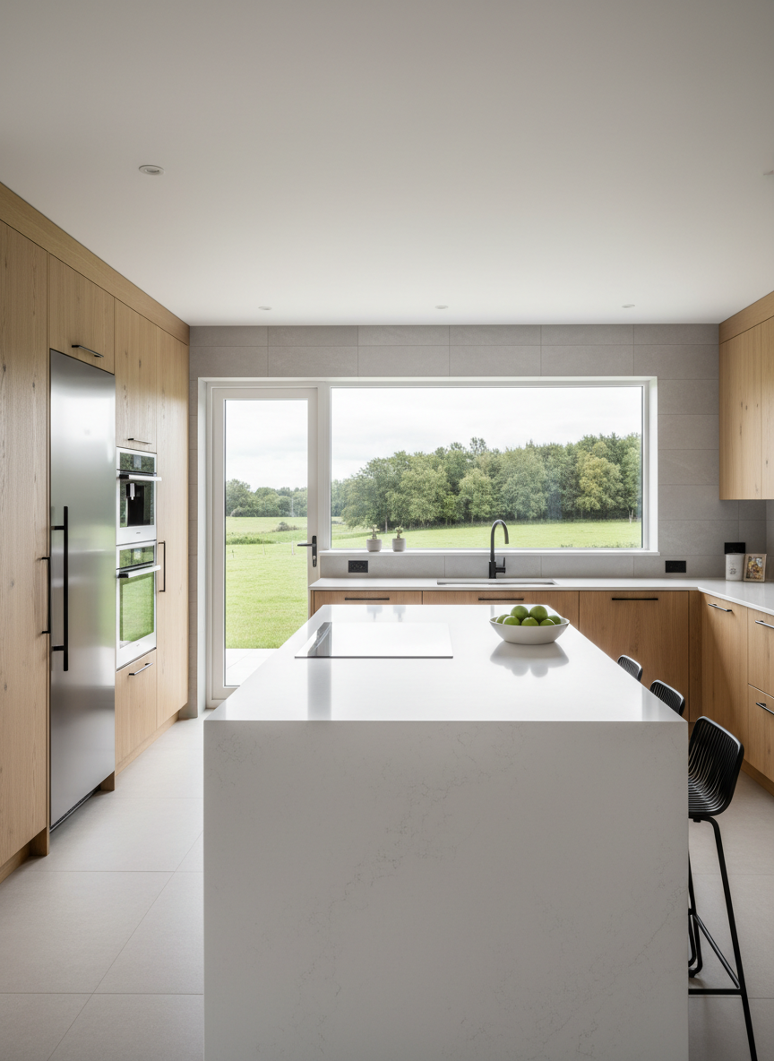 A carefully arranged kitchen in a contemporary country home, showcasing flat-panel light oak cabinetry with discreet black hardware, a matte white quartz island with waterfall edges, and integrated stainless steel appliances. The backsplash is a smooth, large-format light gray tile with minimal grout lines, contributing to a clean, structured look. Large windows above the sink reveal a glimpse of open pasture and a line of distant trees. Soft, diffused daylight fills the space, creating gentle reflections on the quartz and subtle shadows under the island overhang. The atmosphere is orderly, functional, and upscale. Shot from an eye-level angle that captures both the island and surrounding cabinetry, with sharp focus throughout. The photographic realism, neutral tones, and balanced composition align with a professional, corporate aesthetic for a country real estate platform.
